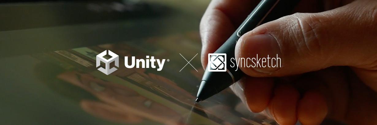 Unity and SyncSketch logos overlaid on a close-up picture of a hand