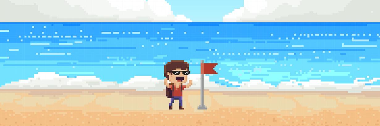 A pixelated man on a beach with a flag