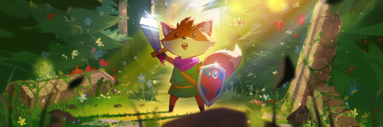 Cartoon fox, in a forest holding a sword and shield