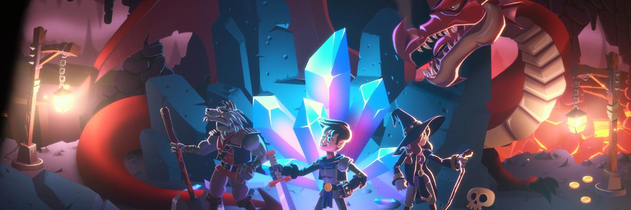 A group of adventurers in front of a crystal guarded by a dragon