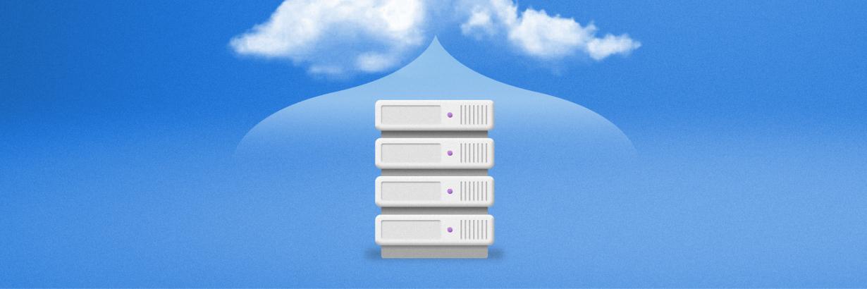 cloud background, cartoon image of servers on top