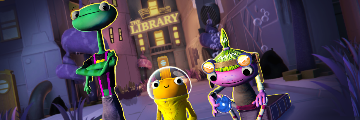 A trio of characters are framed in the center of an image: a short goldfish with a friendly expression, a tall salamander in a confident pose, and a frog gazing intently at a potion bottle. Behind them, a neon sign identifies a building as The Library.