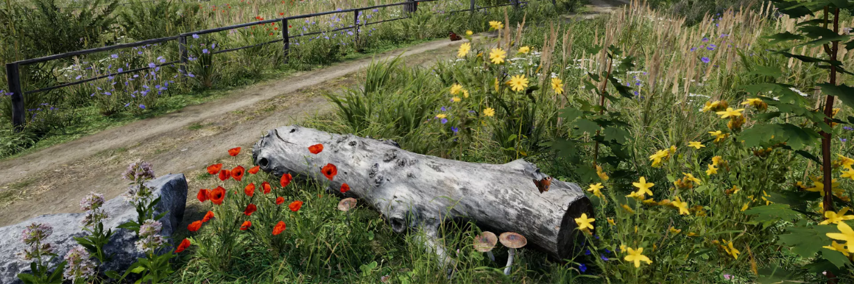 Sample scene showcasing a country road with blooming wildflowers from NatureManufacture’s Environment Bundle – Dynamic Nature in the Unity Asset Store