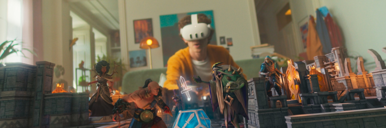 Caucasian man seated on couch wearing Meta Quest 3 headset while game characters and sets unfold around him in mixed reality.