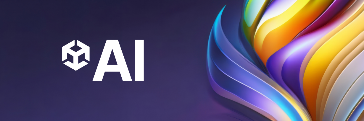 Unity cube logo in white followed by text reading “AI” on dark purple background with colorful swirling, curved lines on righthand side 