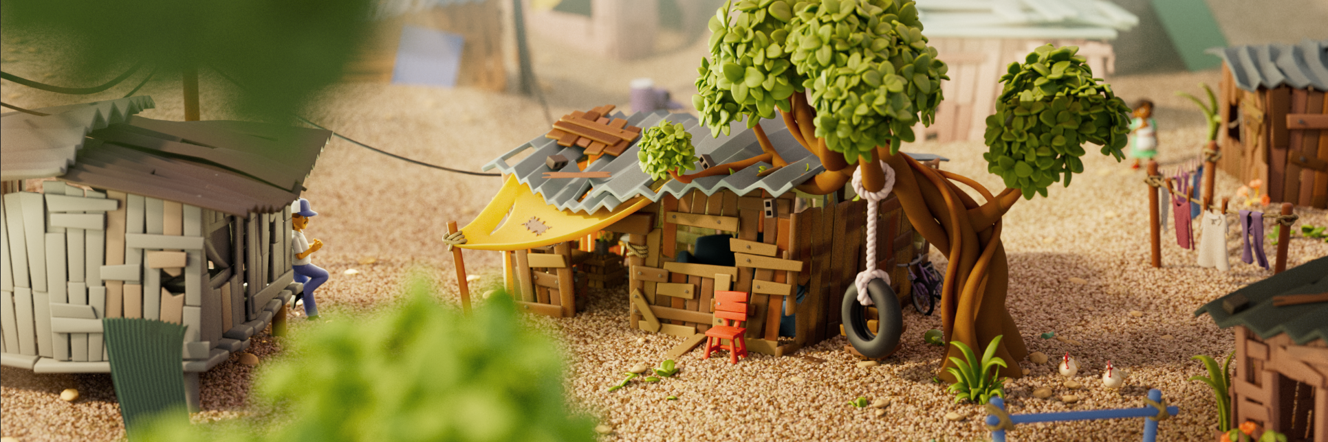 Still image of village scene from TECHO and Unsaid Studio’s 3D animated short film The Girl with the Dancing Heart