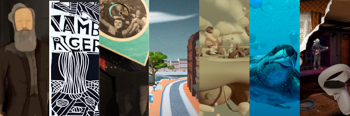 Composite image of seven VR experiences featured as part of StoryFutures programming