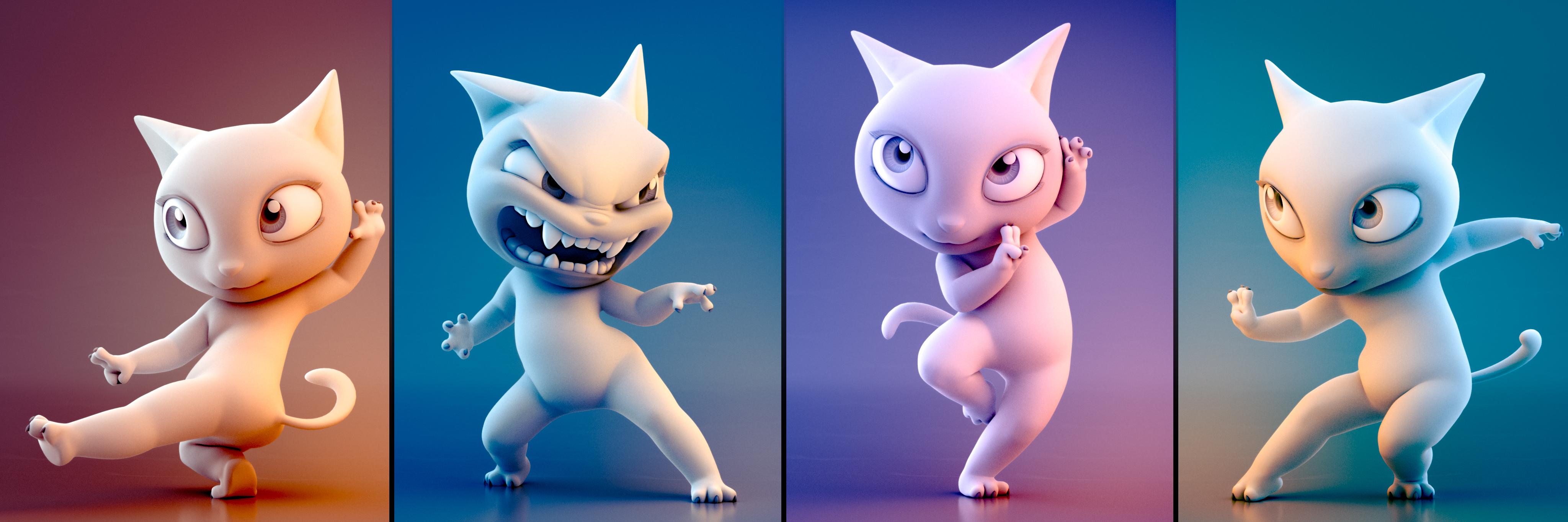 Four photos of cat character from GDC 2023 “Simulating film-quality characters in games” session demonstrating varied poses and with varied expressions