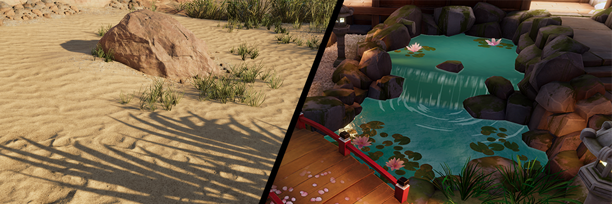 Sample scenes that apply nature shaders – sand (left) and water (right) – using Shader Graph in 2022 LTS