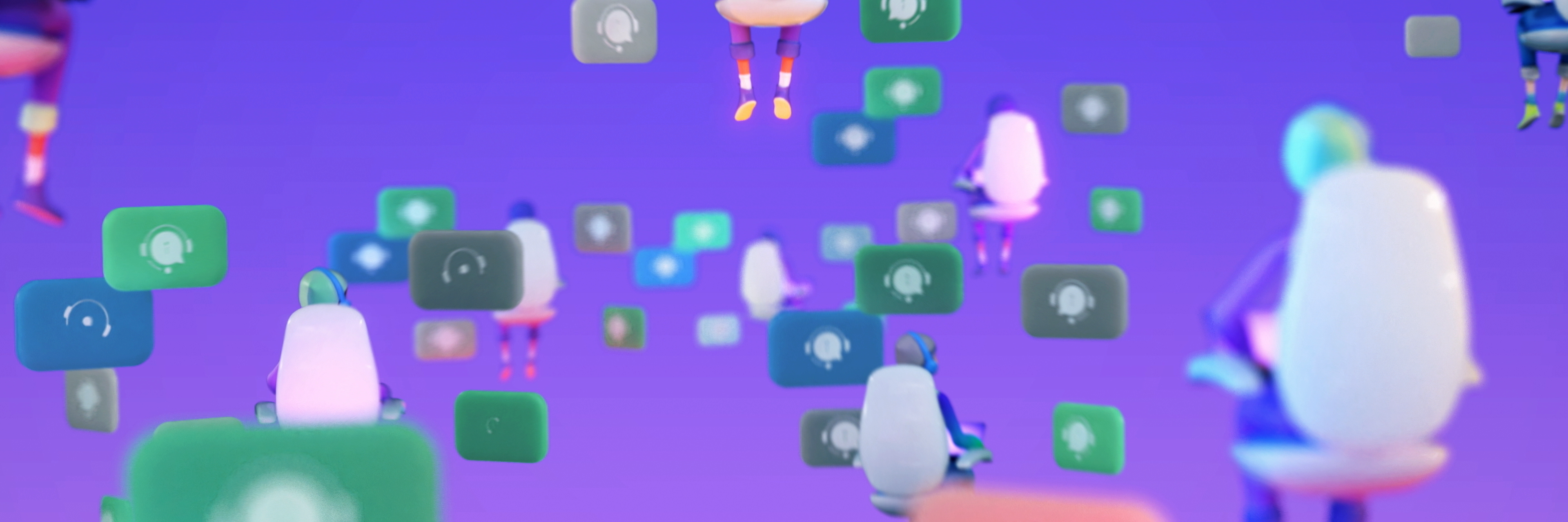 Animated gamers sit in chairs as they float alongside chat bubbles in a multiplayer environment