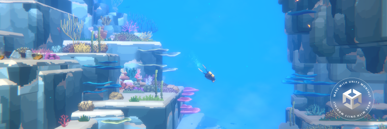 Screenshot from MINTROCKET title Dave the Diver showing Dave diving alongside coral-covered structures