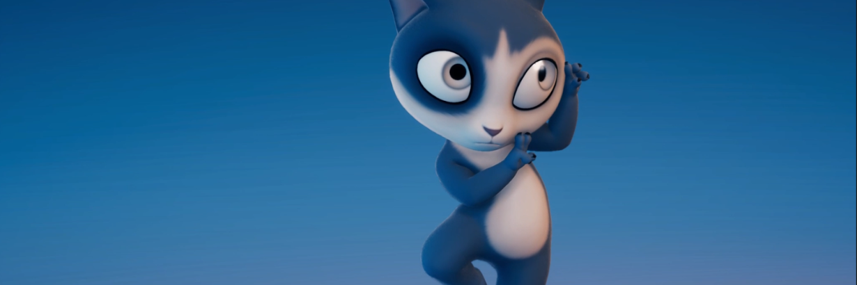Cat character created with Ziva Real-Time poses coyly over blue background