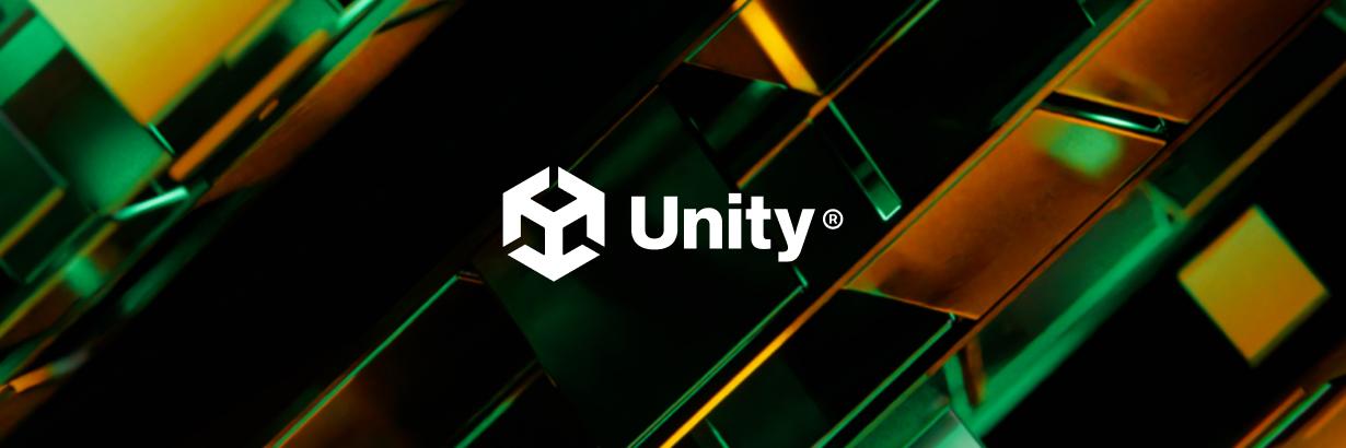 Unity logo on multicolored background of black, greens, and yellows