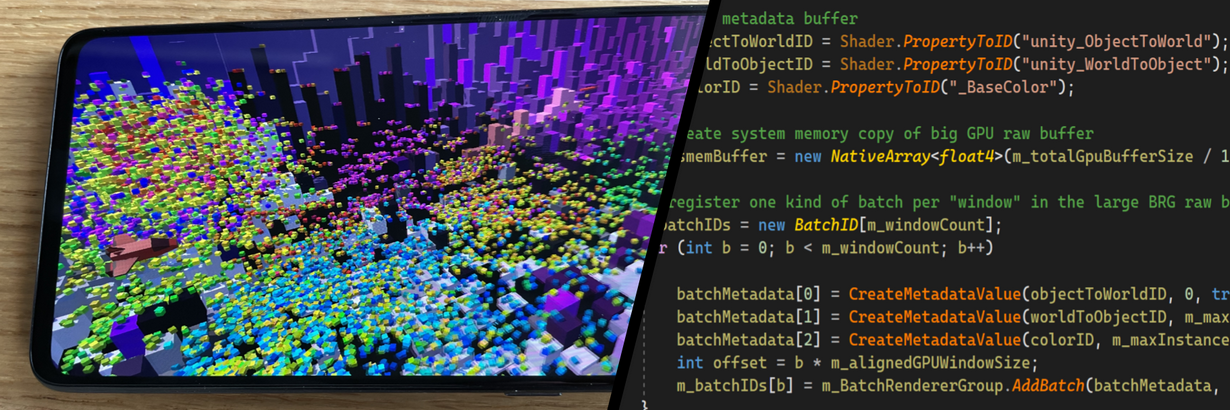 A side-by-side look at a still image of the BatchRendererGroup (BRG) shooter sample in action on a horizontal smartphone next to code for the sample.