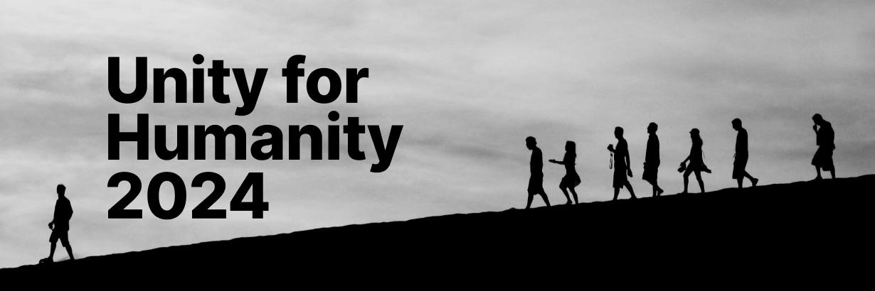 Key art for the Unity for Humanity 2024 Grant featuring human silhouettes of varied sizes and genders walking downhill