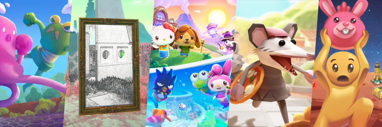Collage of key art from five games made with Unity in 2023. From left to right: Bare Butt Boxing (Tuatara Games), Viewfinder (Sad Owl Studios), Hello Kitty Island Adventure (Sunblink Entertainment LLC), Pizza Possum (Cosy Computer), and Dinky Guardians (Endless Loop Studios and Code Monkey).